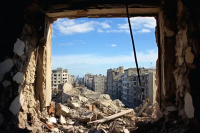 Ruined Cityscape Viewed Through A Damaged Building Window