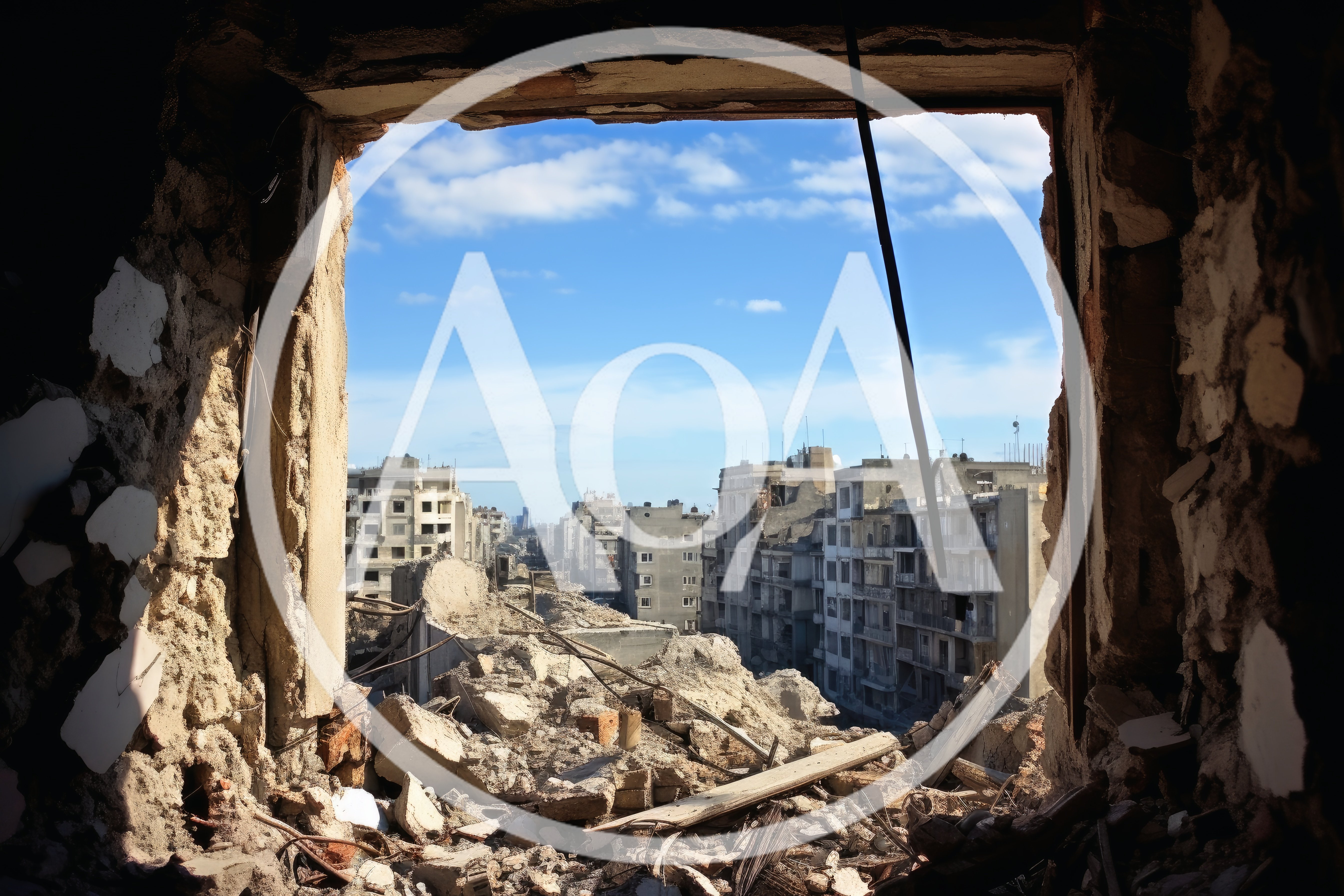 Ruined Cityscape Viewed Through A Damaged Building Window