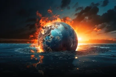 Burning Earth Globe Sinking Into Dark Ocean Waters