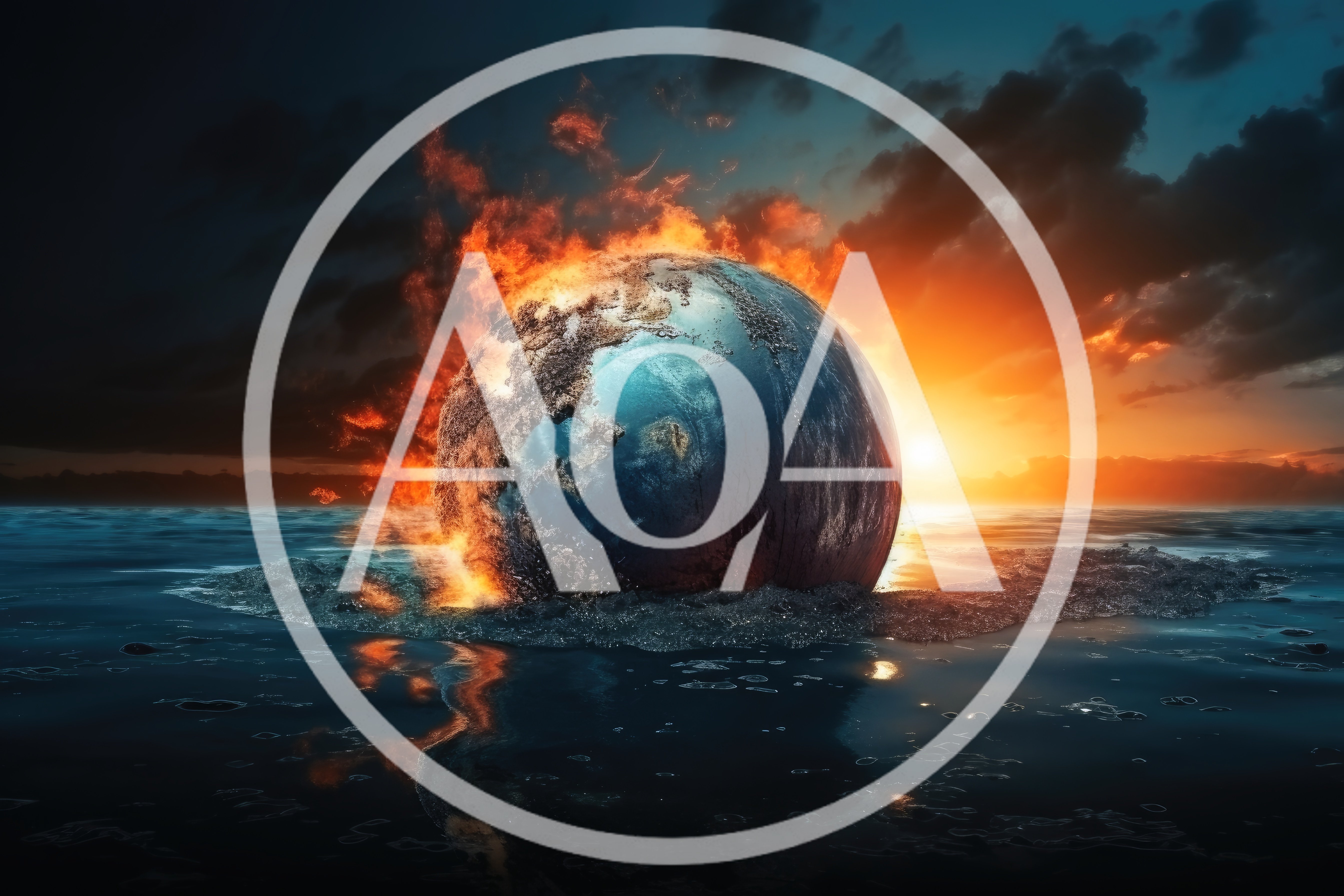 Burning Earth Globe Sinking Into Dark Ocean Waters