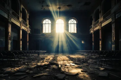 Abandoned Theater Hall With Sunbeams Streaming Through Windows