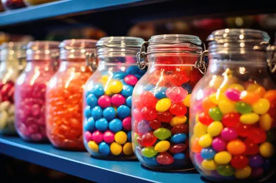 Glass Jars Filled With Colorful Assorted Candy