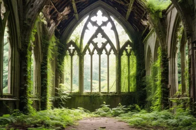 Overgrown Gothic Church Ruins With Lush Green Vegetation