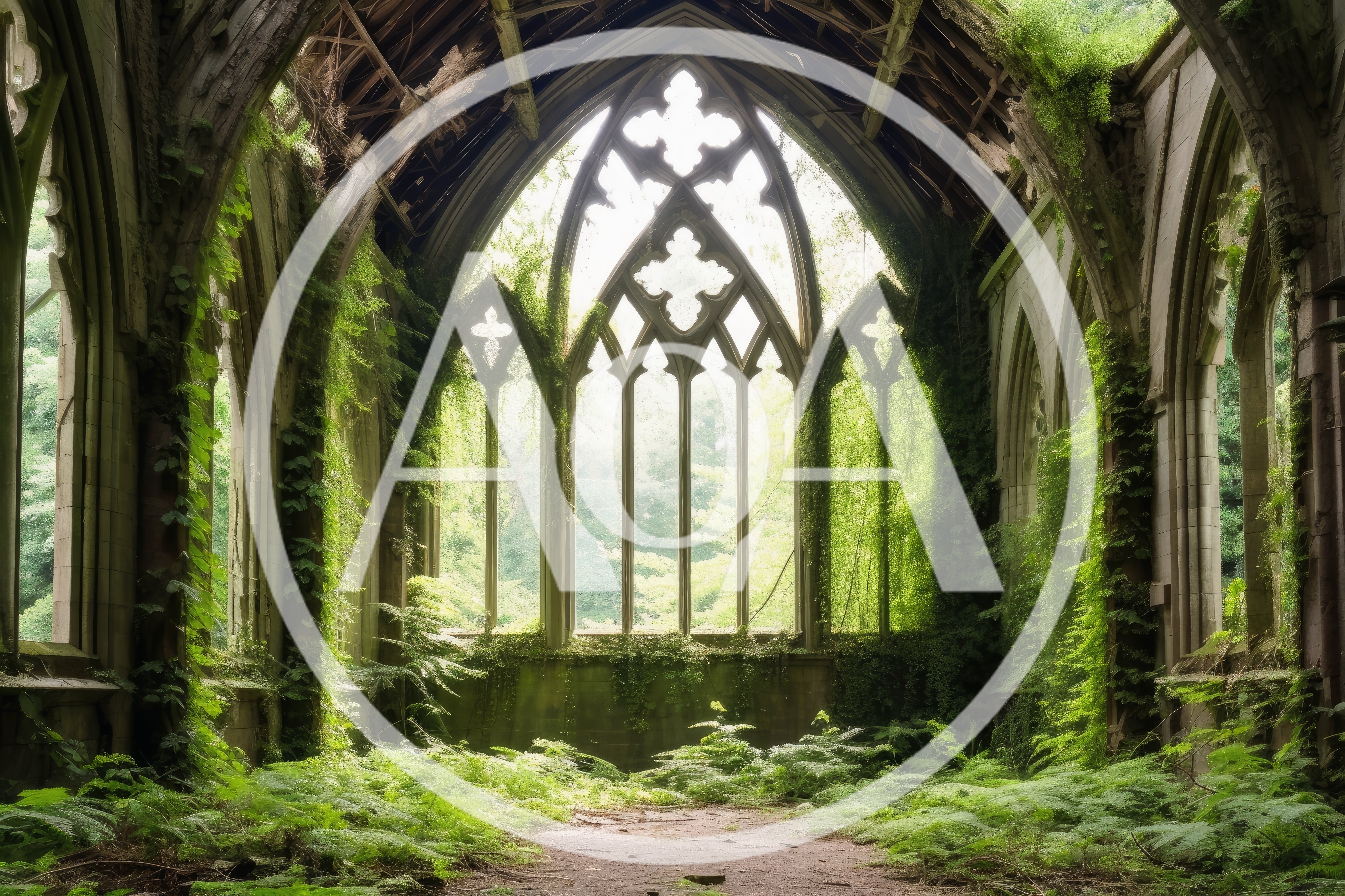 Overgrown Gothic Church Ruins With Lush Green Vegetation