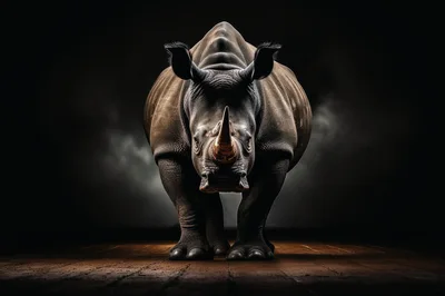 Majestic Rhinoceros Standing In Dark Dramatic Studio Setting