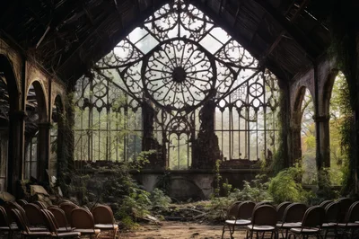 Abandoned Gothic Greenhouse With Overgrown Vegetation