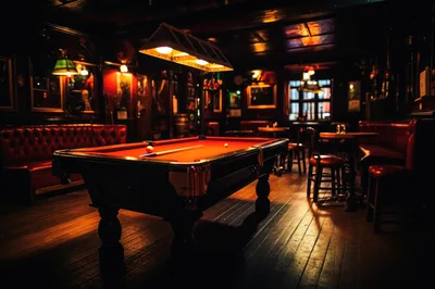 Billiard Table in a Dimly Lit Vintage Pub