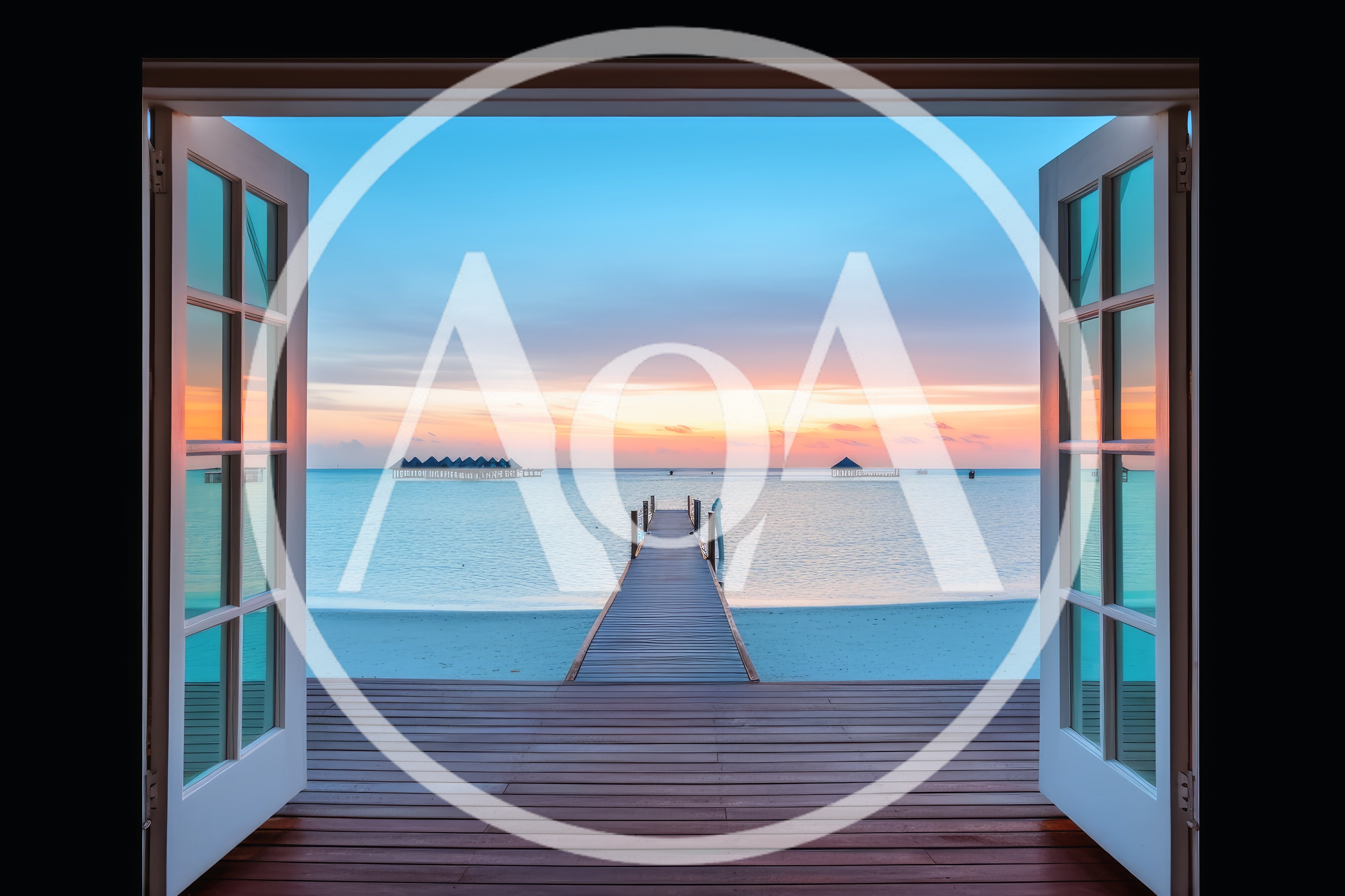 Open Doorway View Of Tropical Sunset Over Ocean Pier