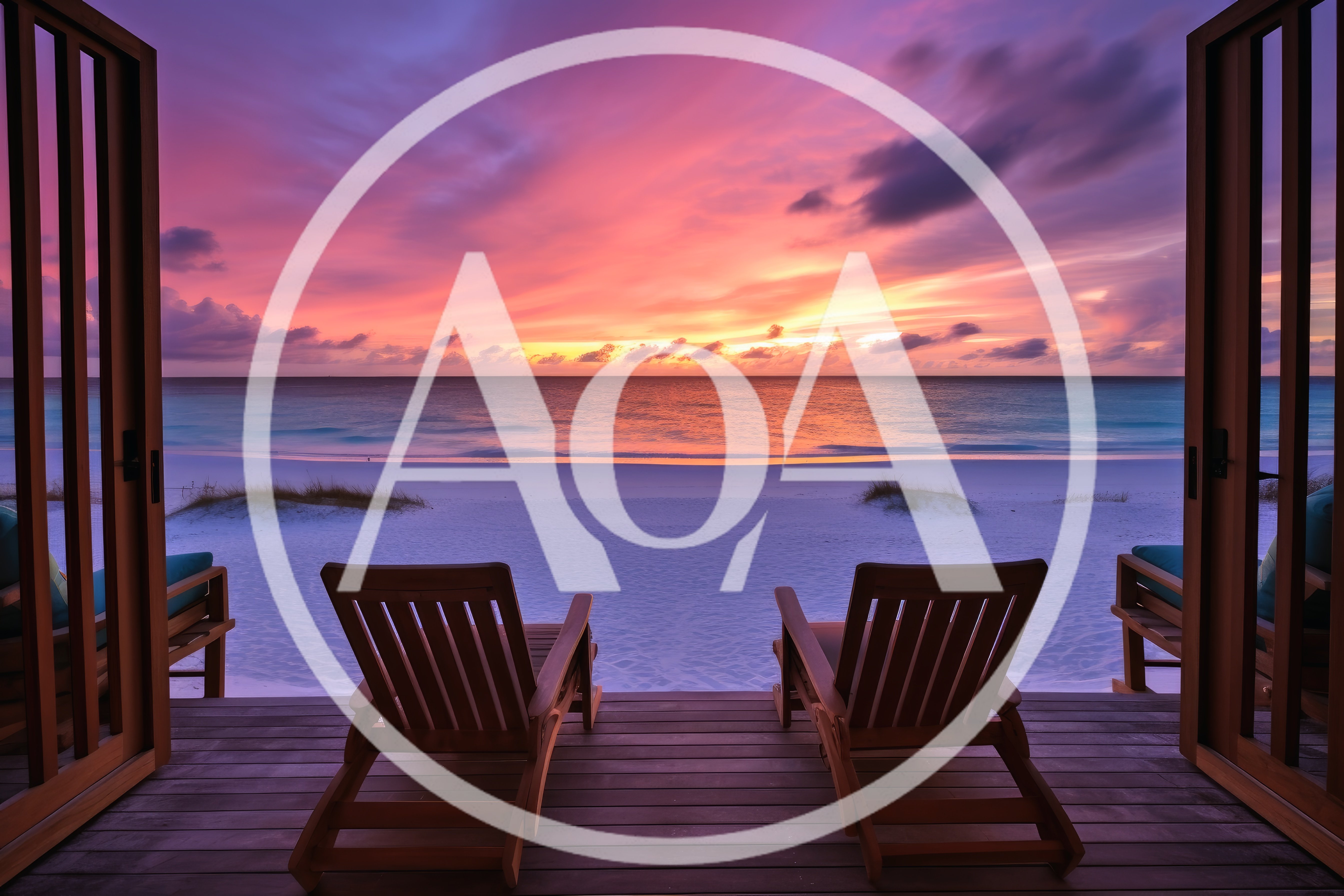 Two Wooden Lounge Chairs Overlooking A Tropical Beach Sunset