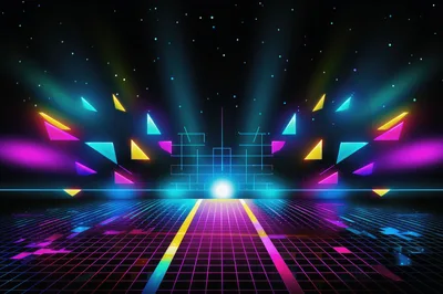 Retro Synthwave Digital Landscape With Neon Geometric Shapes