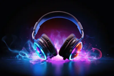 Glowing Neon Headphones With Abstract Smoke Effects