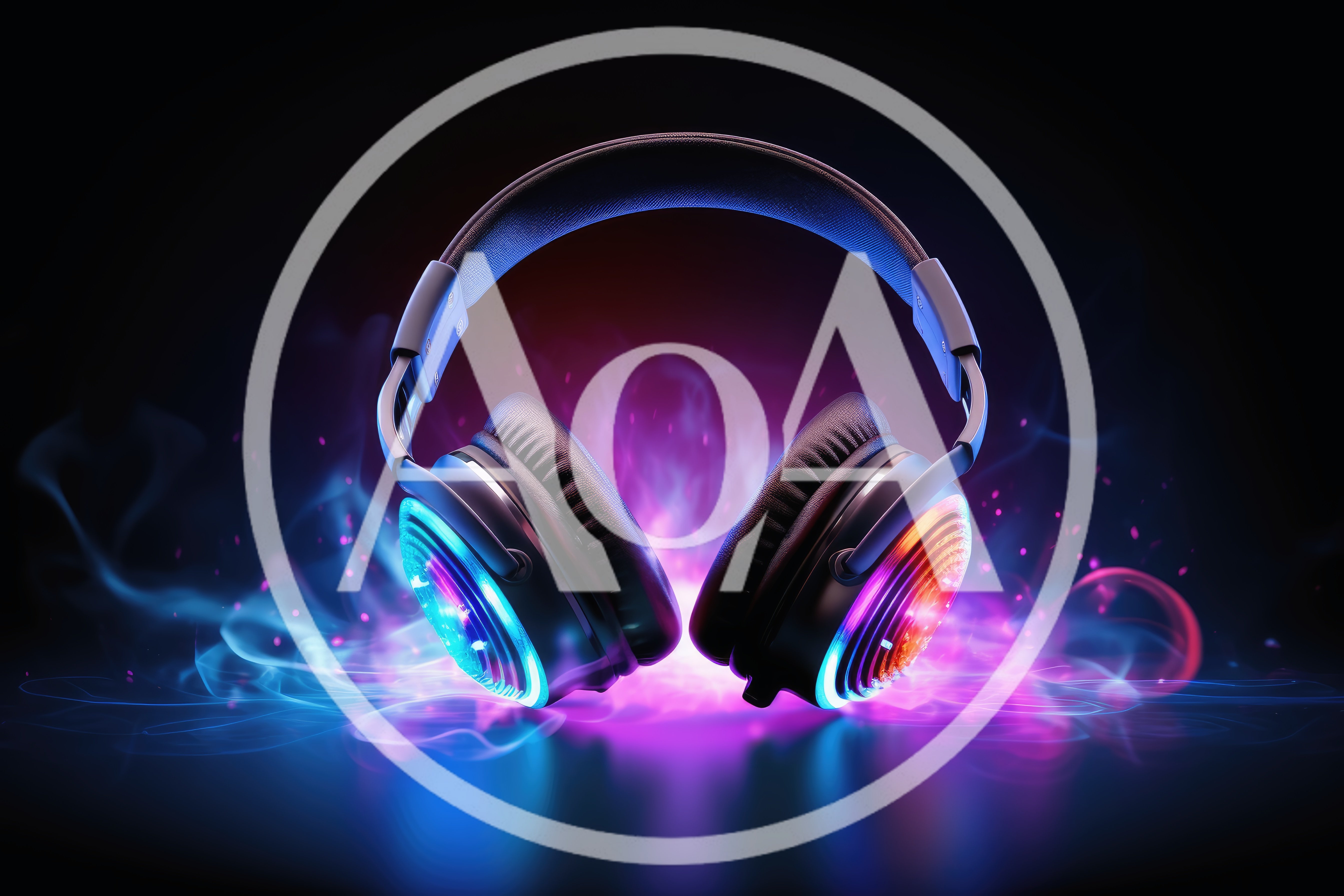 Glowing Neon Headphones With Abstract Smoke Effects