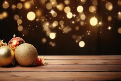 Christmas Ornaments on Wooden Table with Bokeh Background