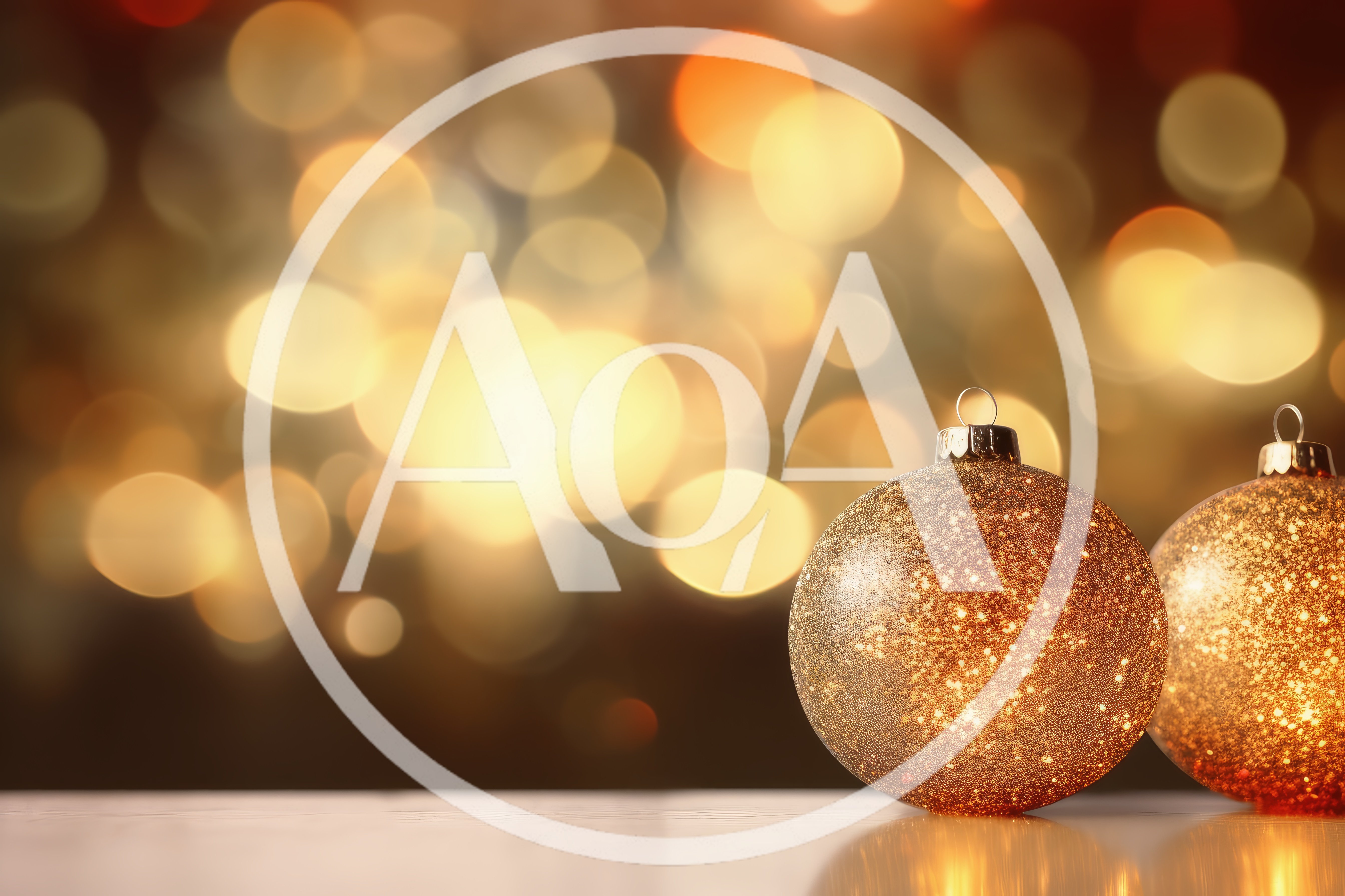 Two Golden Glittering Christmas Ornaments On Reflective Surface