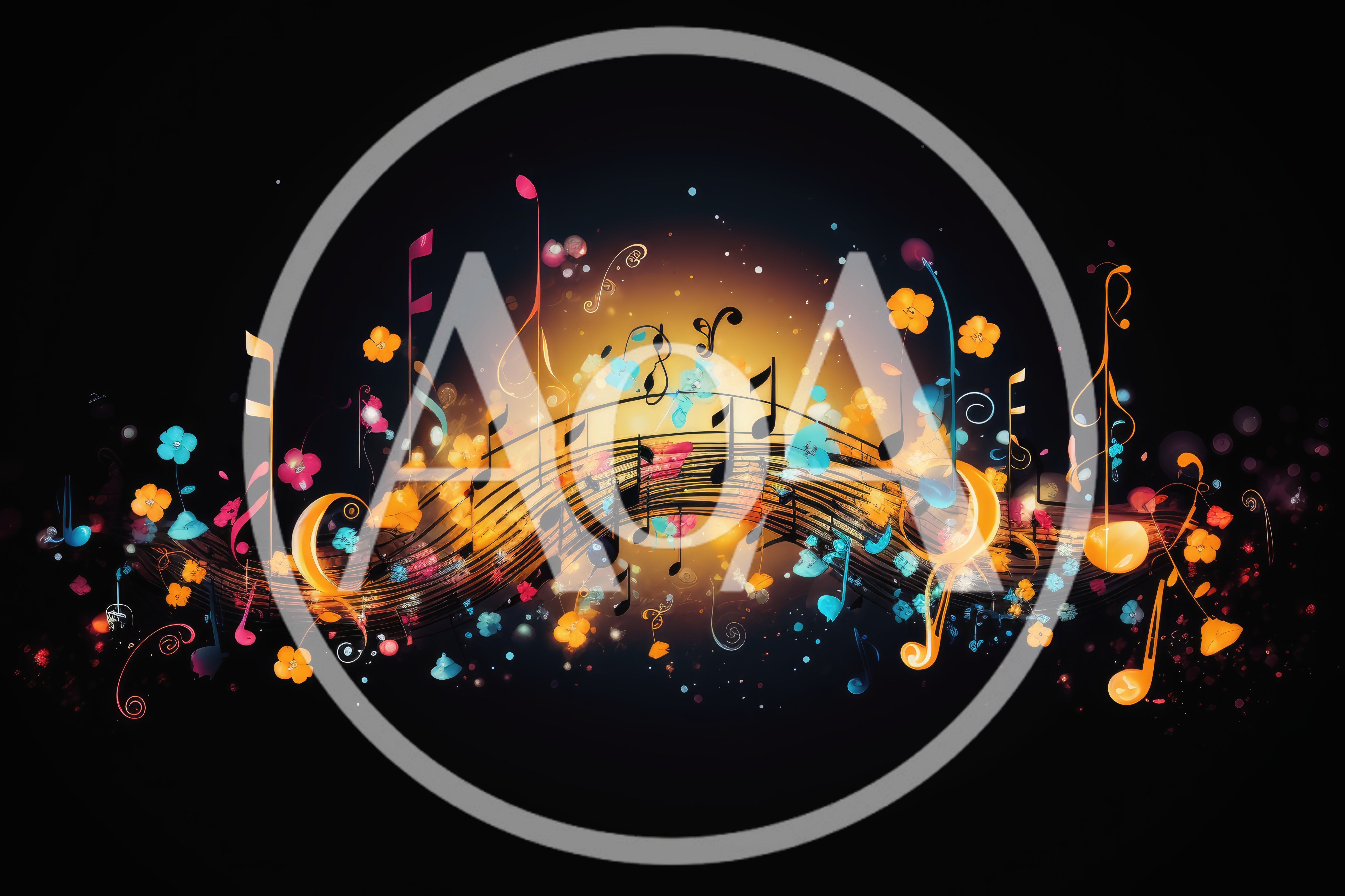Abstract Musical Notes And Floral Elements On Black Background