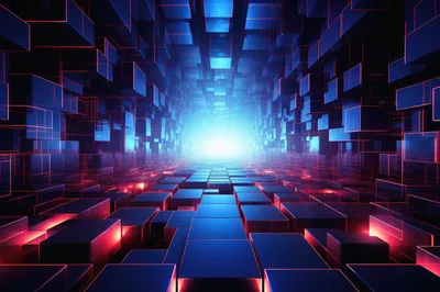 Abstract Digital Tunnel With Glowing Blue Cubes