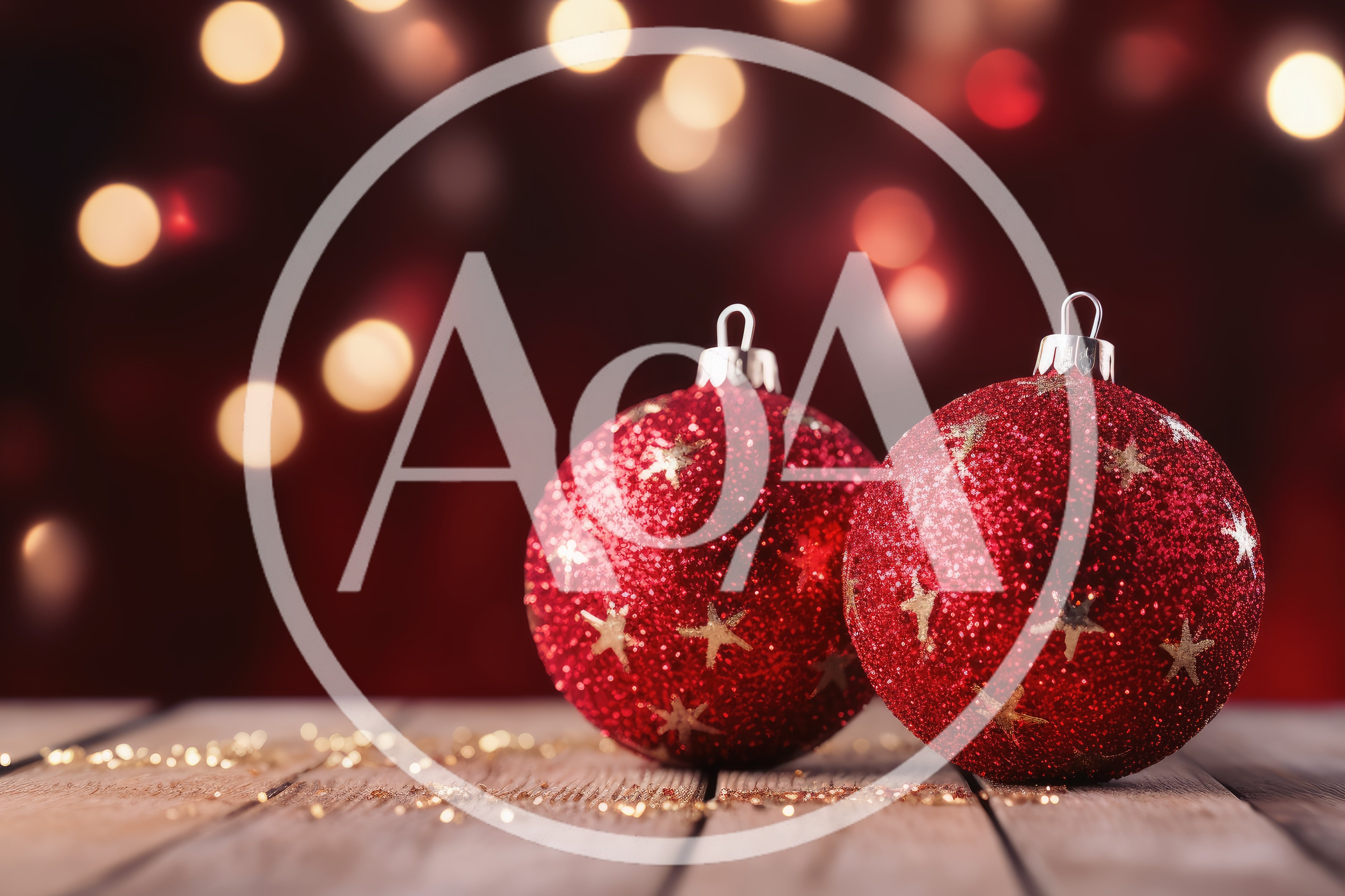 Two Red Glittery Christmas Ornaments On Wooden Table