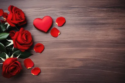 Red Roses and Heart Shape on Wooden Background