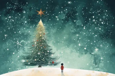 Child Standing Before A Large Decorated Christmas Tree