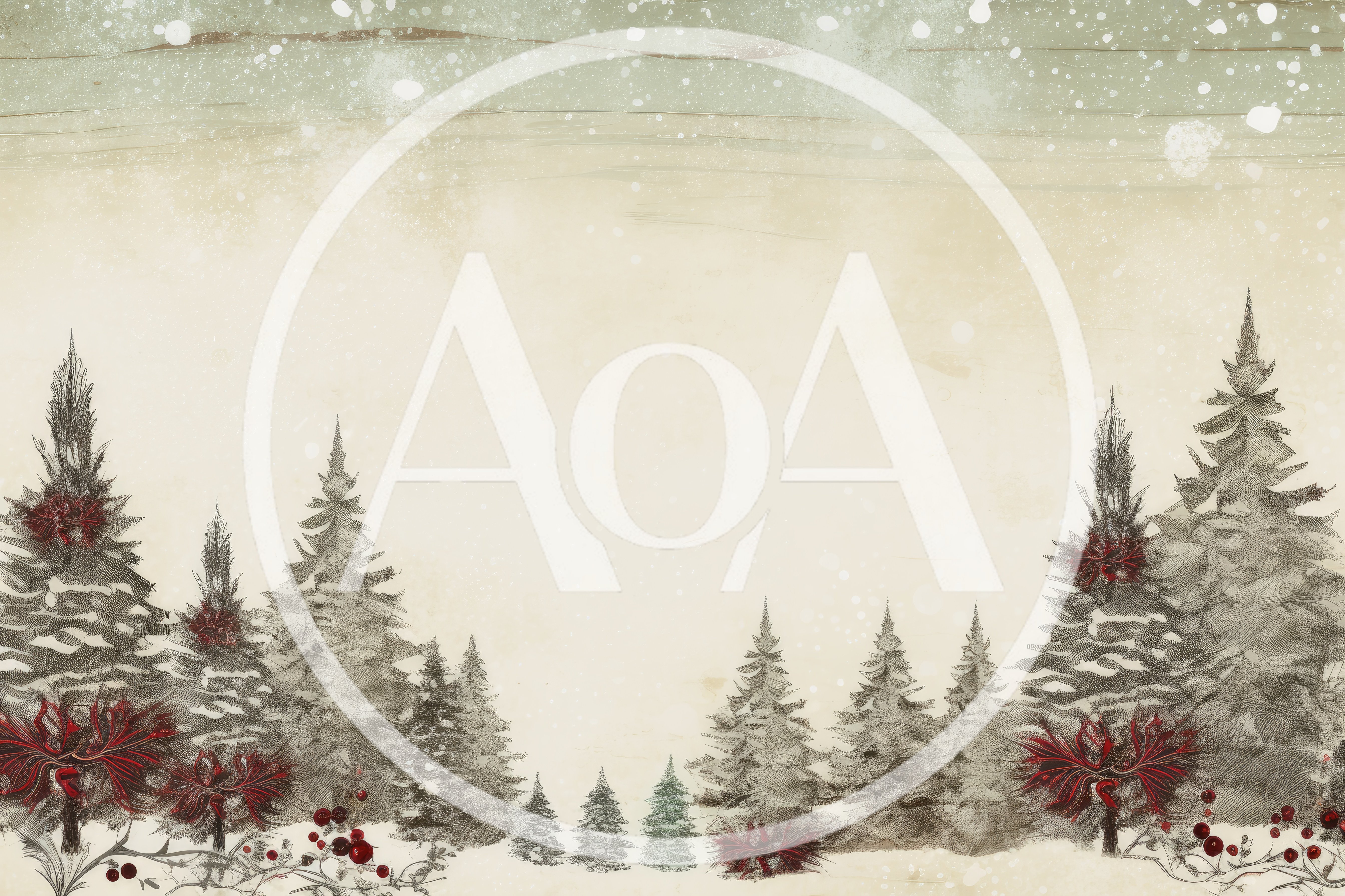Vintage Christmas Forest Illustration With Red Berries