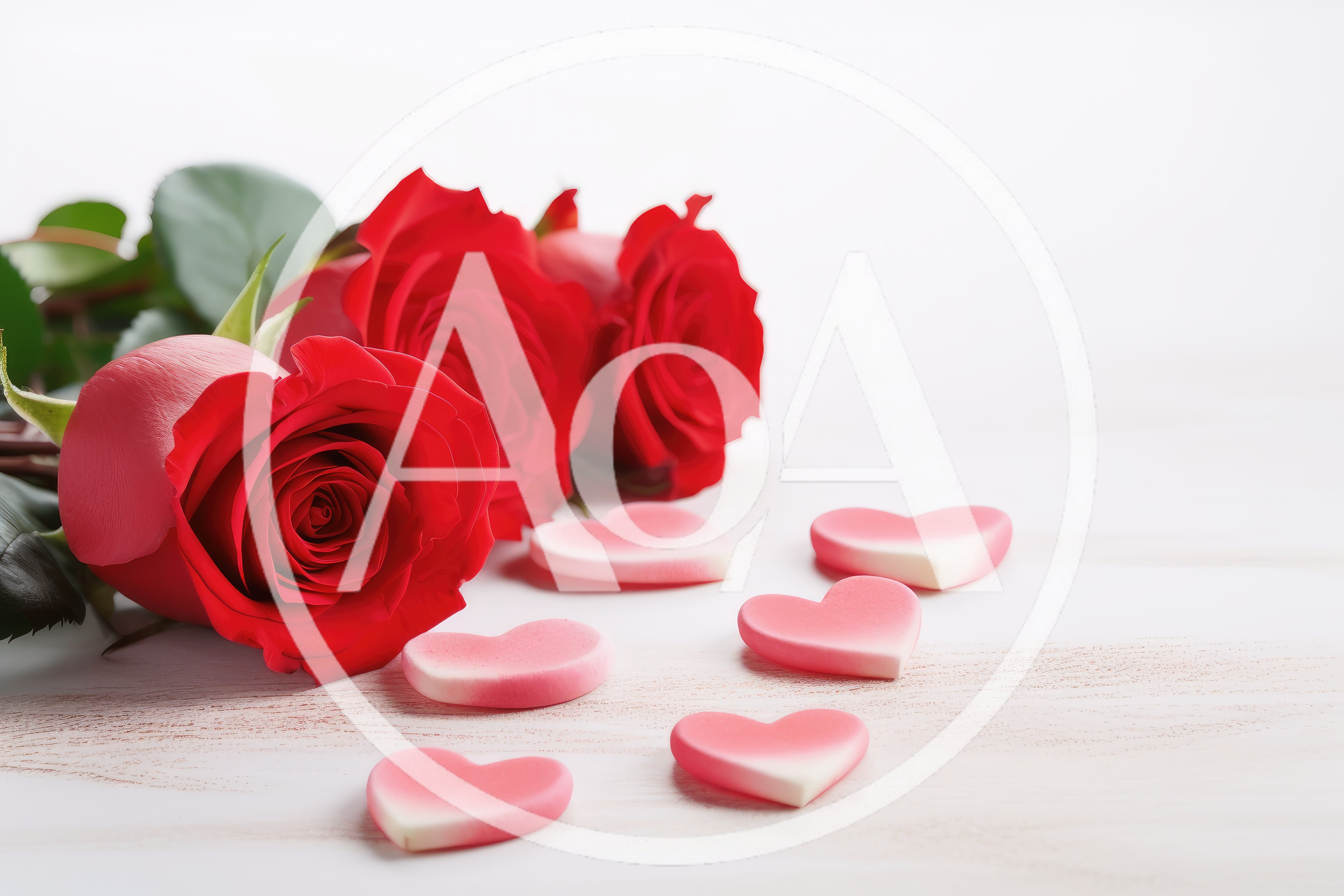Red Roses and Heart Shaped Candies on White Wood