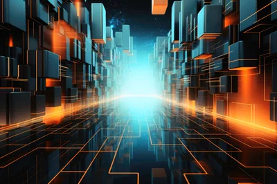 Abstract Digital Corridor With Glowing Orange Circuitry