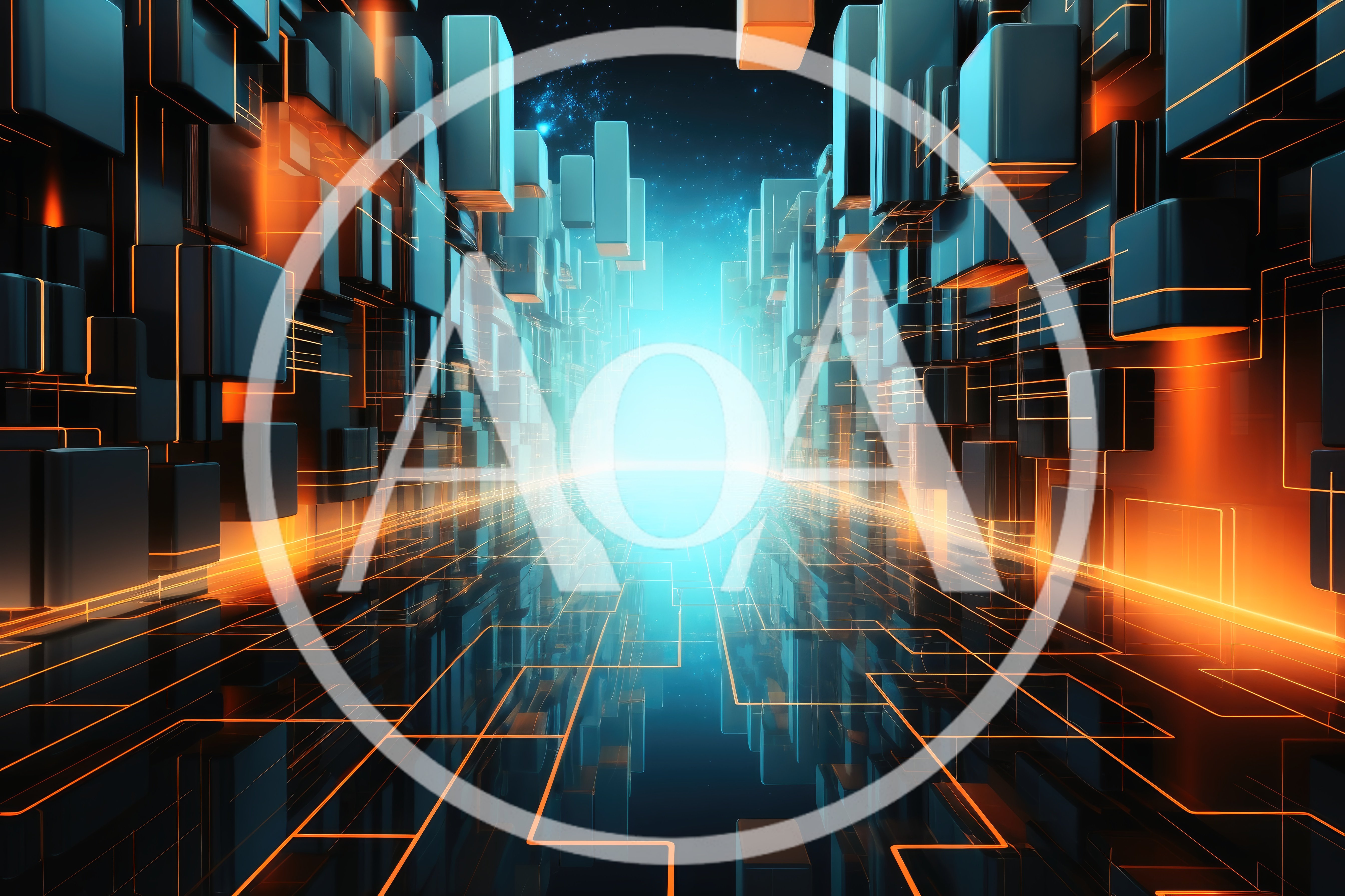 Abstract Digital Corridor With Glowing Orange Circuitry