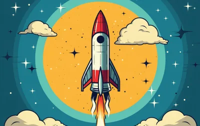 Retro Cartoon Rocket Ship Launching Into Space
