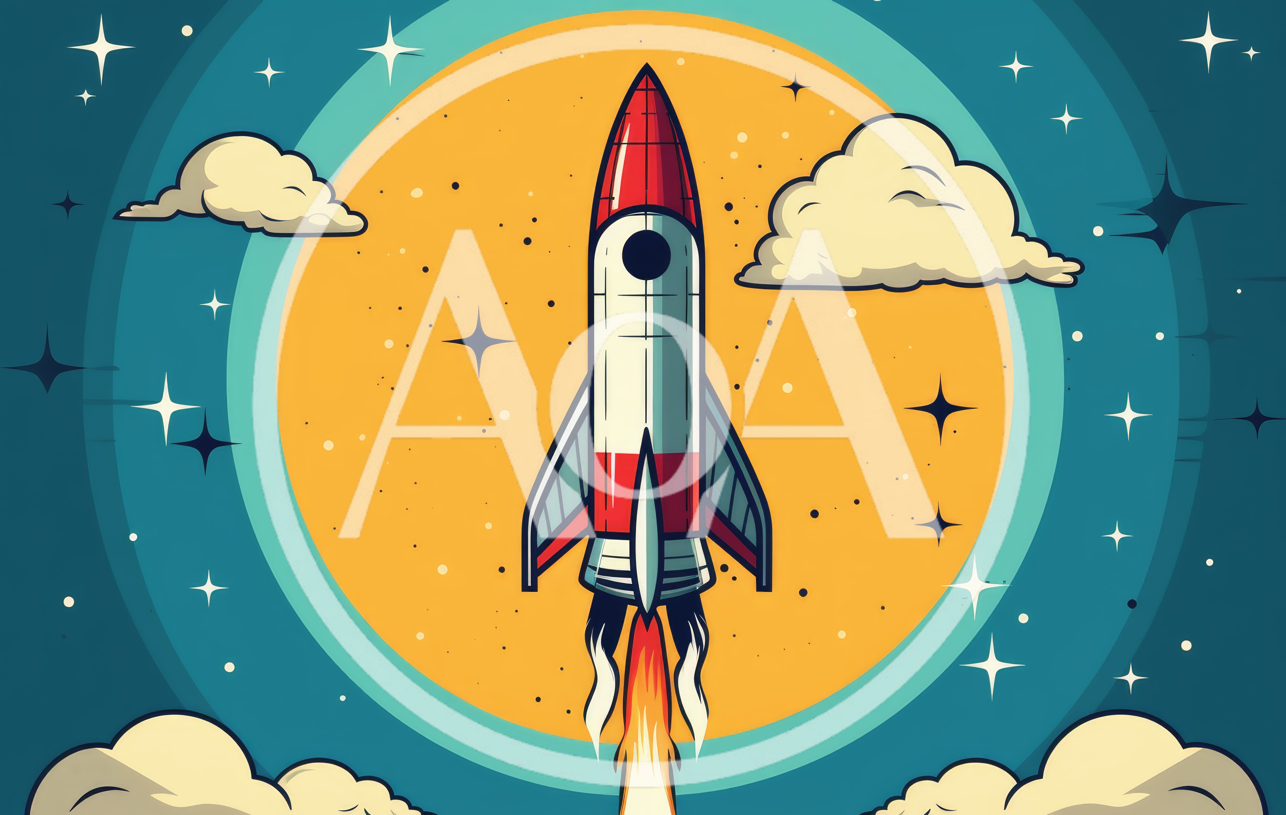 Retro Cartoon Rocket Ship Launching Into Space