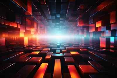 Abstract Digital Tunnel With Glowing Geometric Cubes