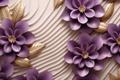 3D Rendered Purple Flowers With Gold Leaves Background