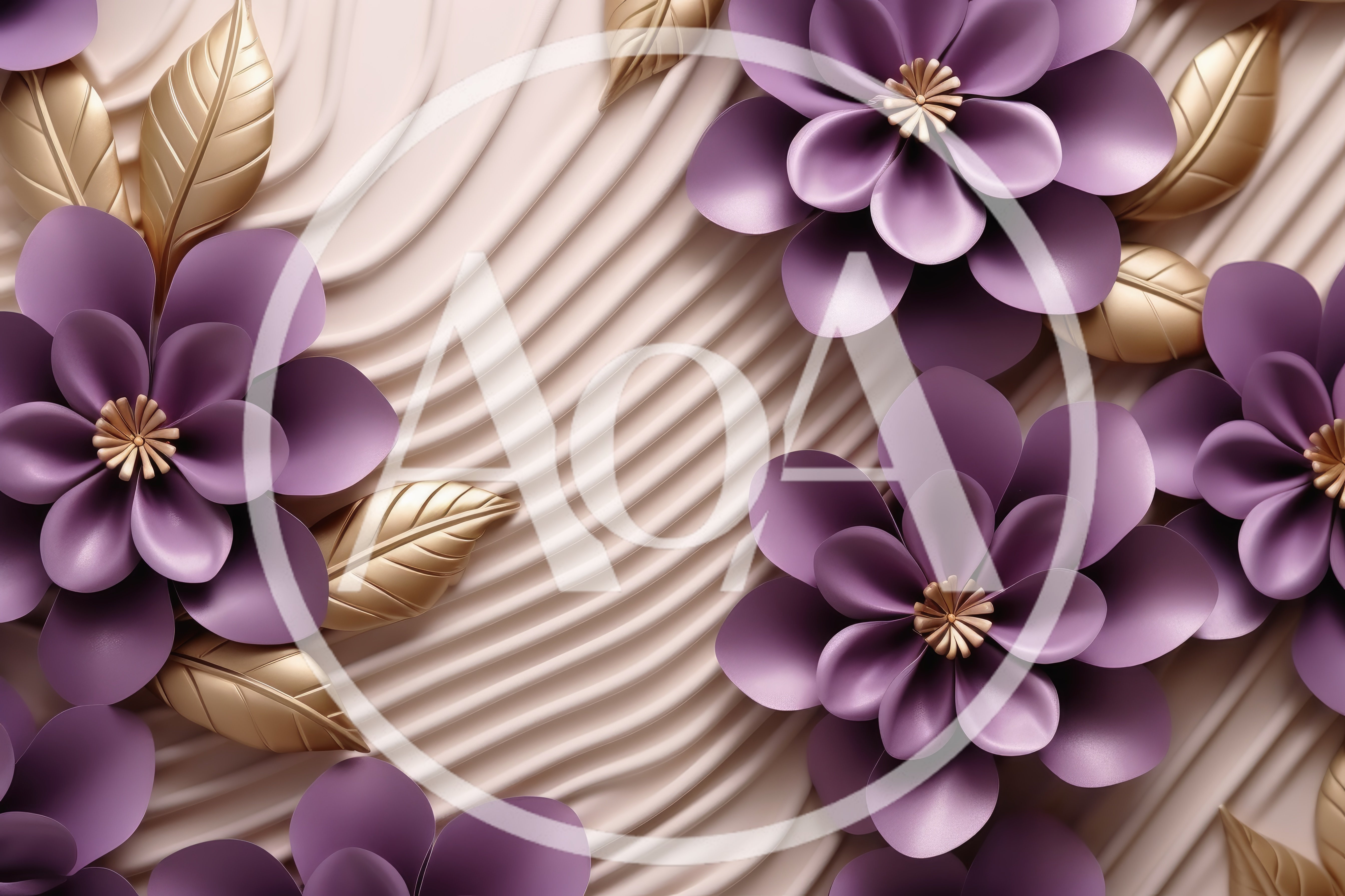 3D Rendered Purple Flowers With Gold Leaves Background
