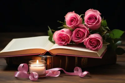 Pink Roses On Open Book With Candle