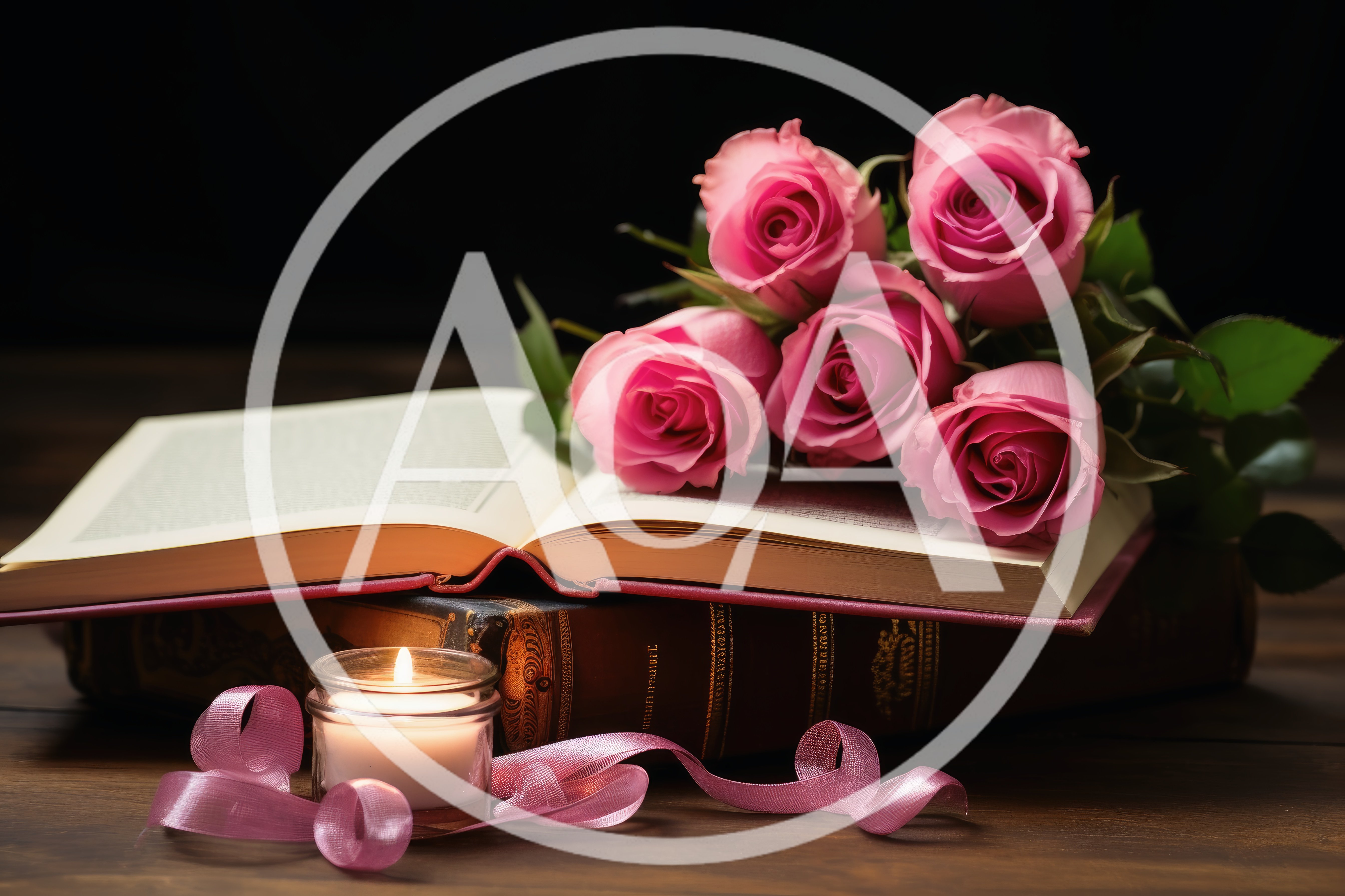 Pink Roses On Open Book With Candle