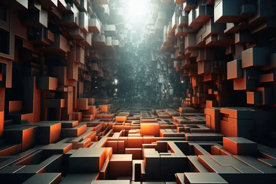 Abstract Futuristic Digital Cityscape With Glowing Geometric Blocks