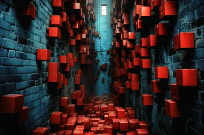 Abstract Alleyway Filled With Floating Red Cubes