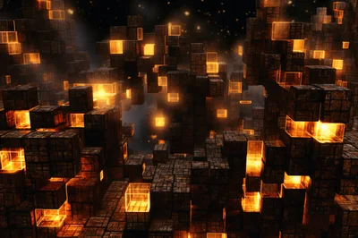 Abstract Glowing Cube Structure In Dark Space