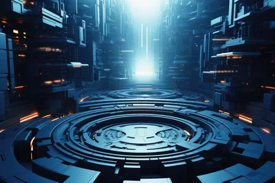 Futuristic Sci-Fi Corridor With Glowing Circular Platforms