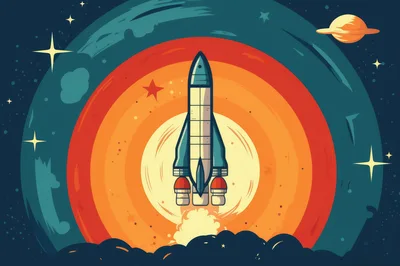 Retro Style Rocket Launching Into Deep Space