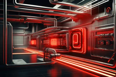 Futuristic Industrial Facility With Glowing Red Neon Lighting