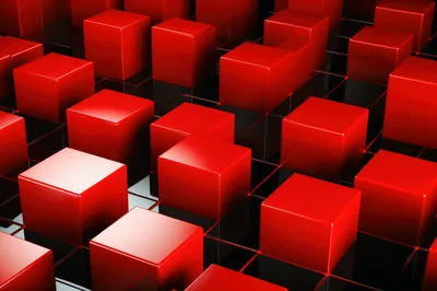 Abstract 3D Red Cubes On Reflective Black Grid