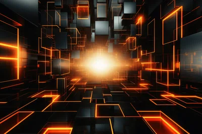Abstract Digital Tunnel With Glowing Orange Neon Cubes