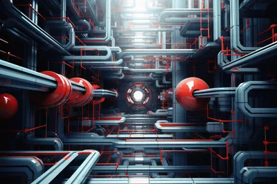 Futuristic Industrial Complex With Red Spheres And Pipes