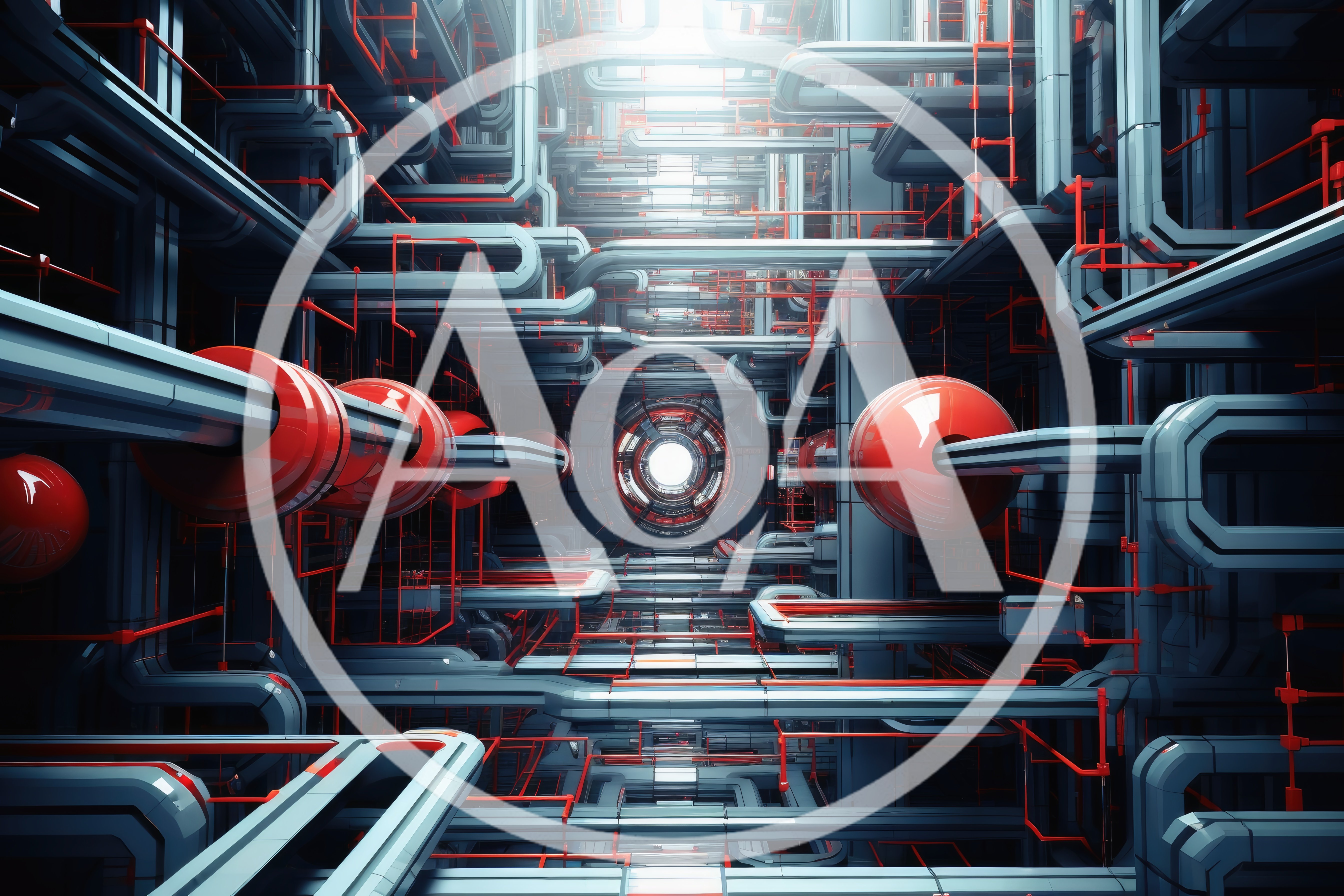 Futuristic Industrial Complex With Red Spheres And Pipes