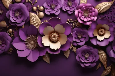 Purple Paper Flowers With Gold Metallic Leaves