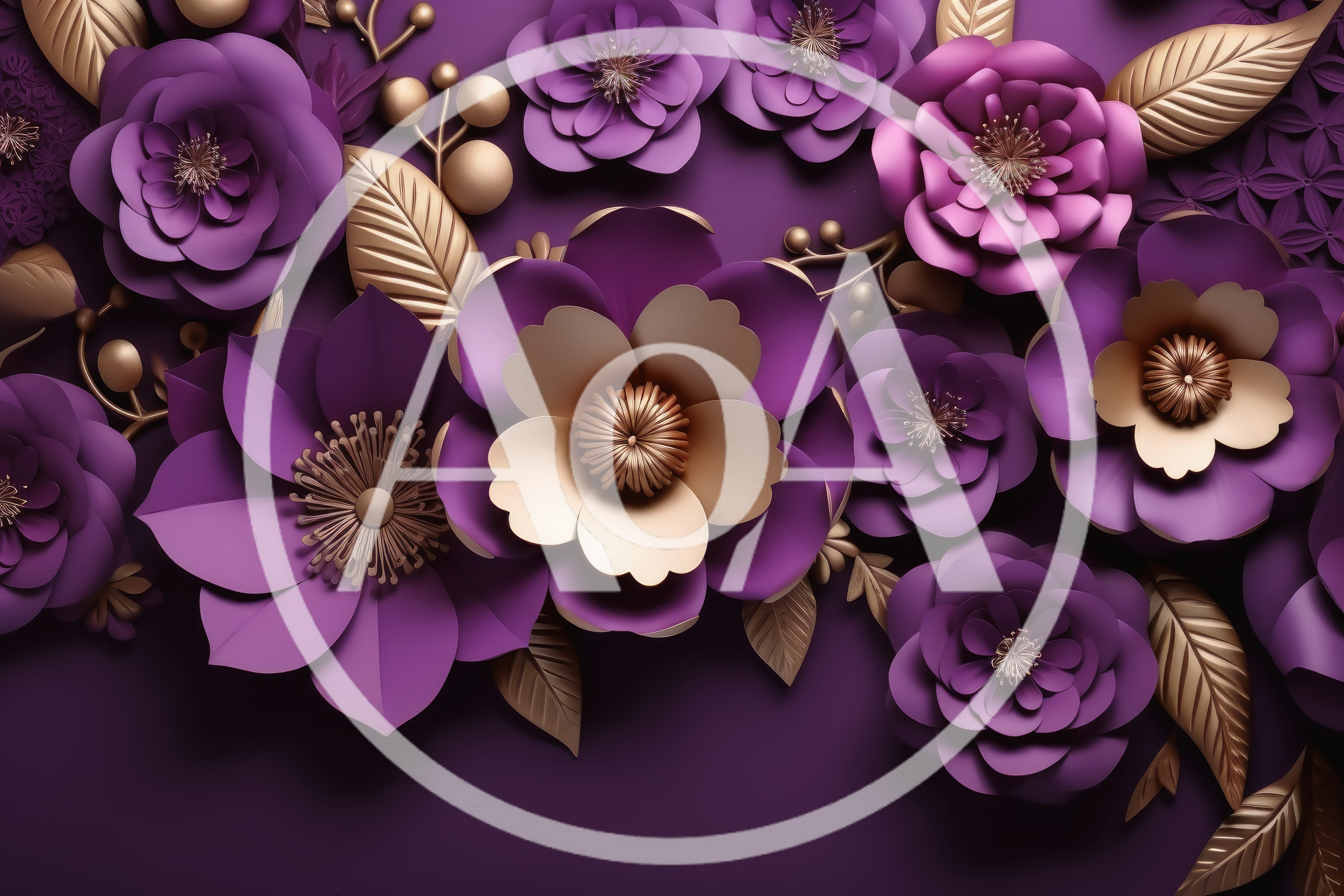 Purple Paper Flowers With Gold Metallic Leaves