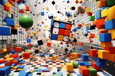 Abstract 3D Explosion of Colorful Cubes and Rubik Cube