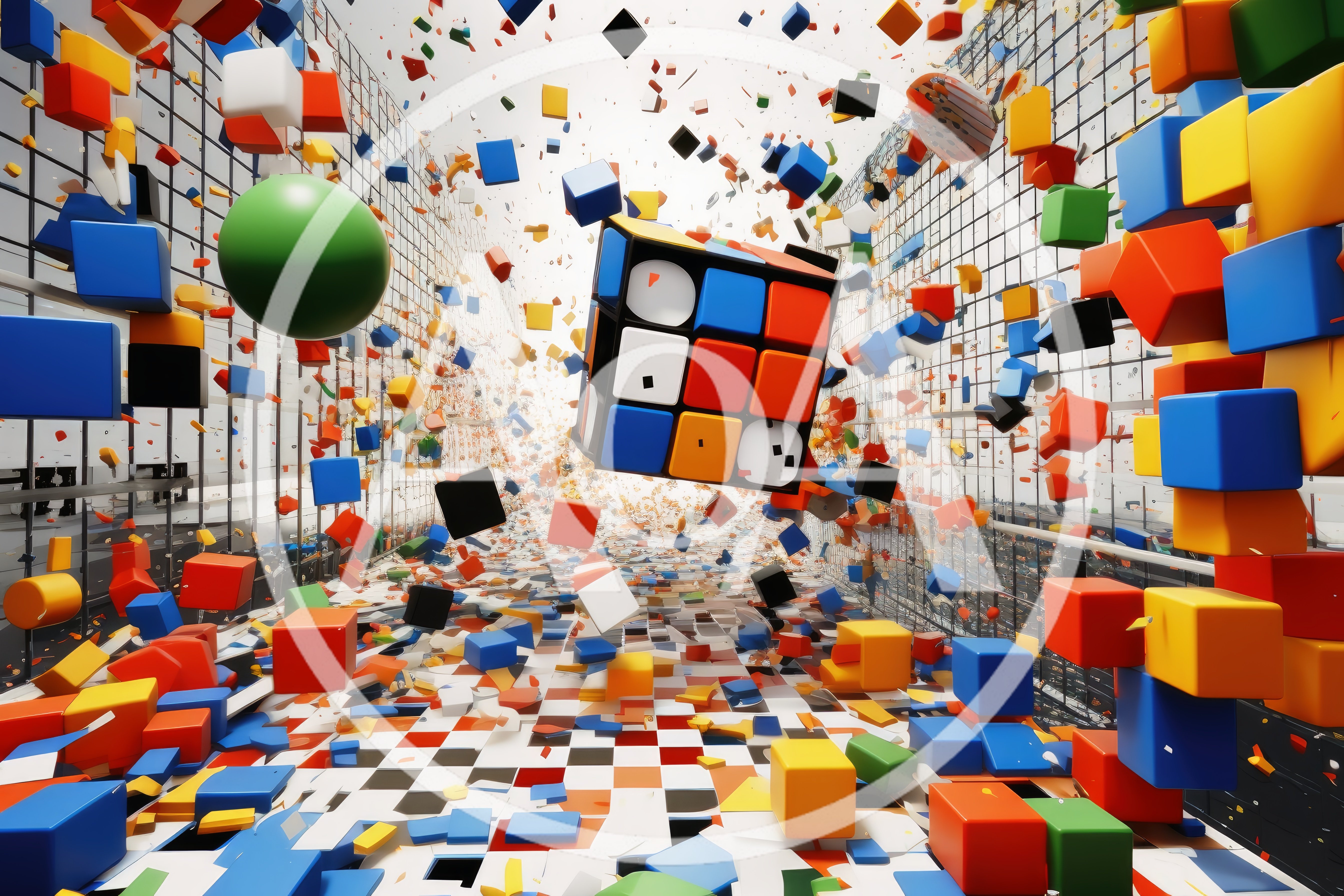 Abstract 3D Explosion of Colorful Cubes and Rubik Cube