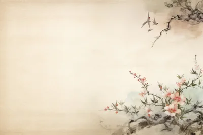 Traditional Chinese Ink Wash Painting With Floral Branches