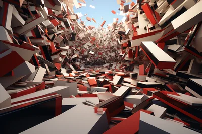 Abstract Geometric Explosion Of Red And White Blocks